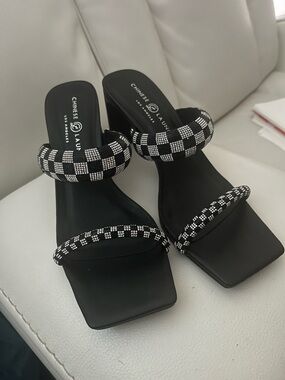 Chinese Laundry Black Beaded Checkerboard Two-Strap Heel